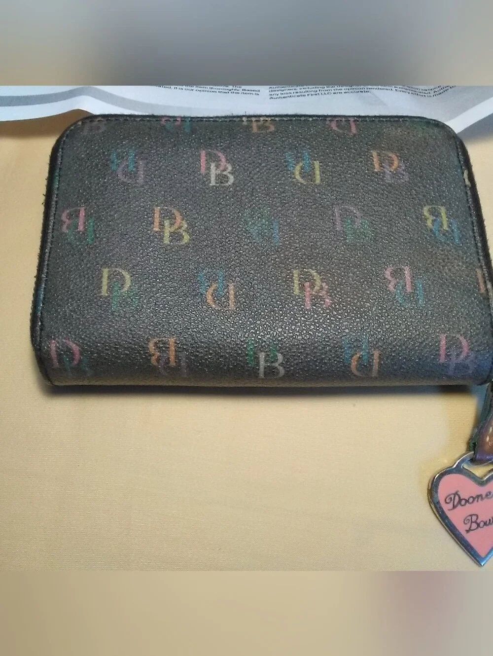 Lo. New Dooney & Bourke Black Pebbled Zip Wallet W/ Rainbow DB Monogram
